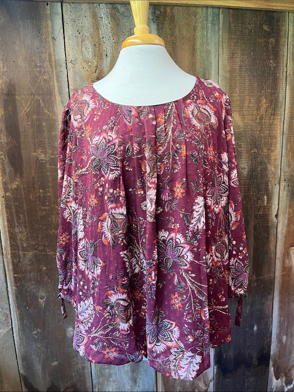 NWT Roz & Ali Plus Size Boho Peasant Blouse Chiffon Clip-dot 2X Autumn Fall